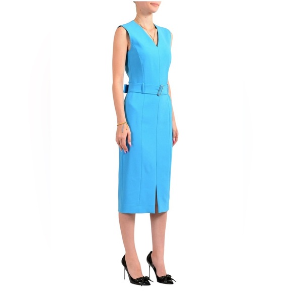 Hugo Boss Women’s “Dadorina” Bright Blue V-Neck Belted Sleeveless Pencil Dress - Picture 4 of 10